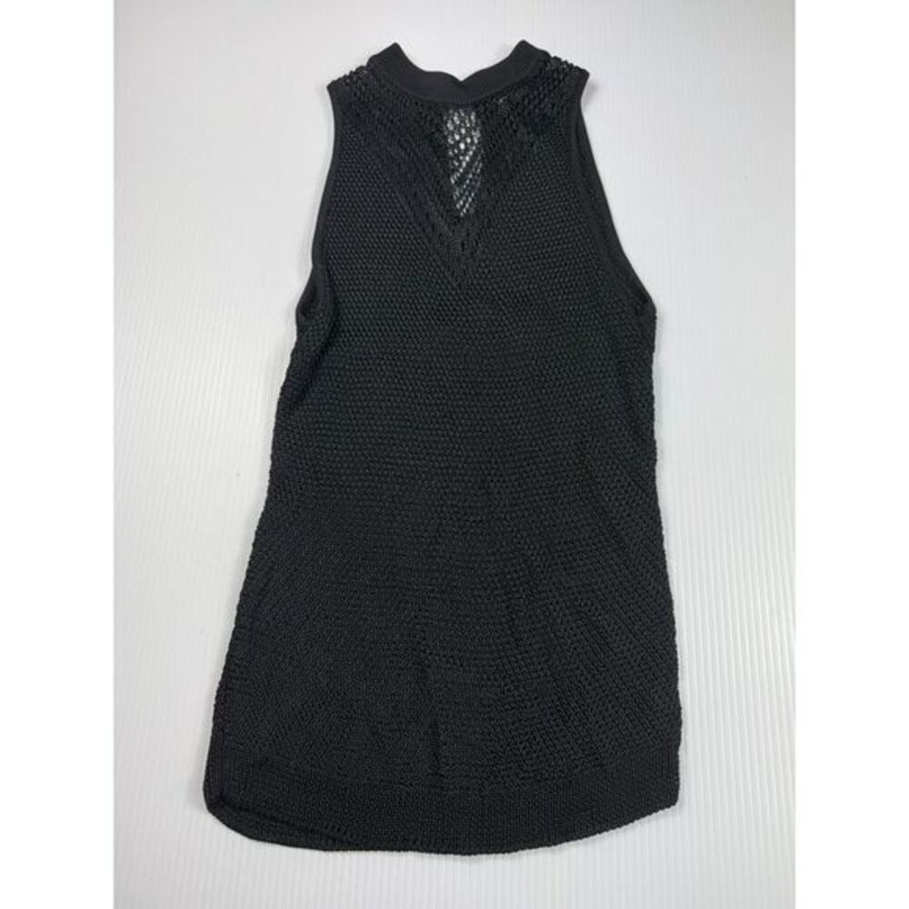 Black Knit Sleeveless Mock Neck top Crochet Mesh See‎ Through Party Cocktail